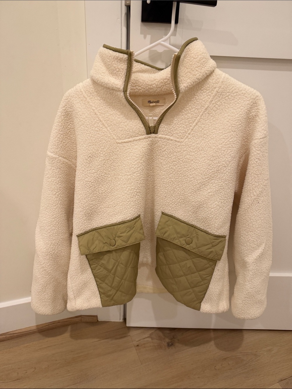 Madewell Cream Sherpa Pullover with Olive Quilted Pockets